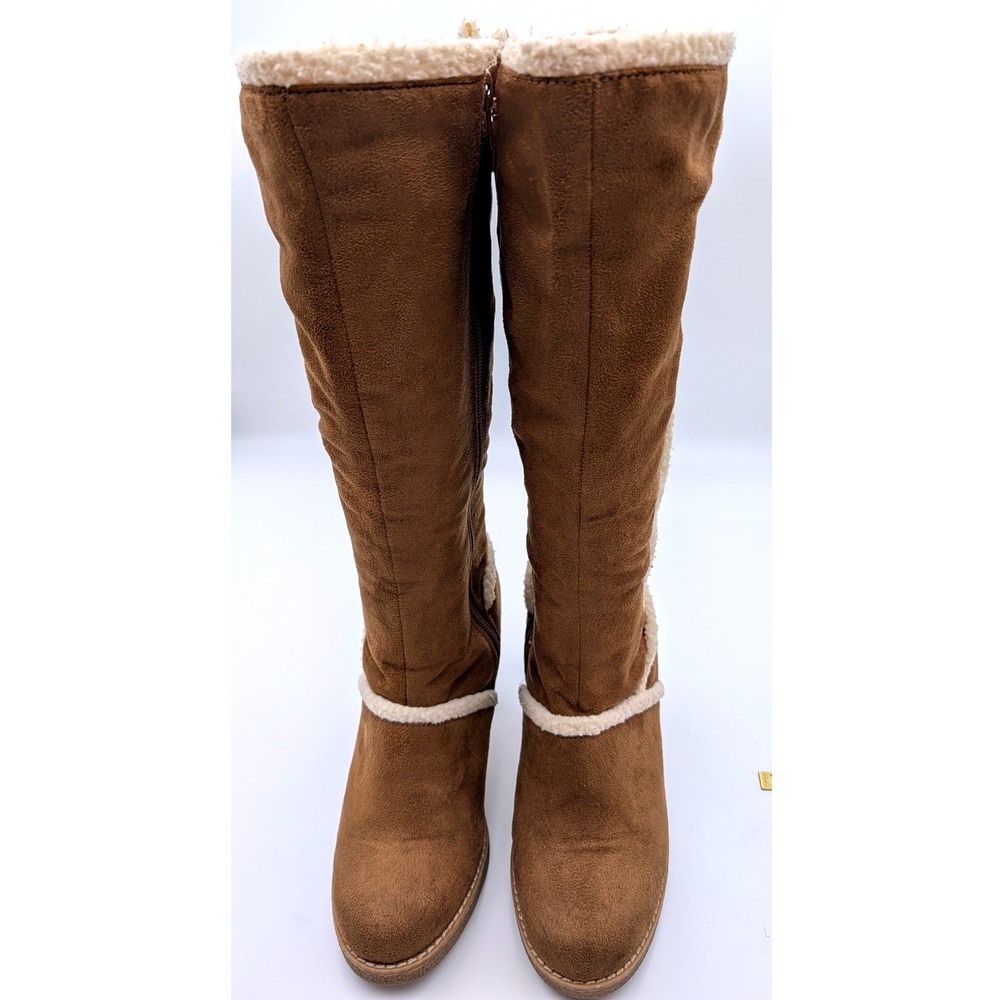Fioni Womens Brown Faux Suede Tall Boots Faux Fur Trim Block Heel Size 8.5